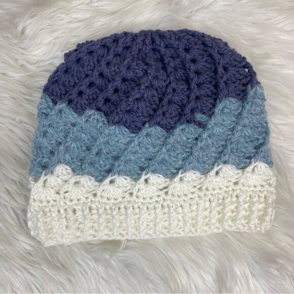 Handmade Women's NEW Braided Virgin Wool Knit Beanie - White Light Blue and Blue - Picture 6 of 12
